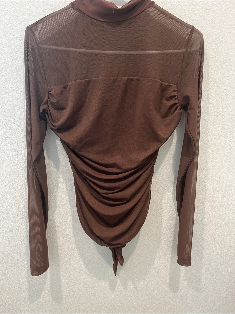 Brown Ruched Mesh Long-Sleeve Women's Top